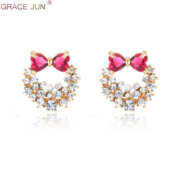 GRACE JUN Korea Style Cute Bow-knot Rhinestone Cz Clip on Earrings and Pierced Earrings for Girl Popular Student Gift