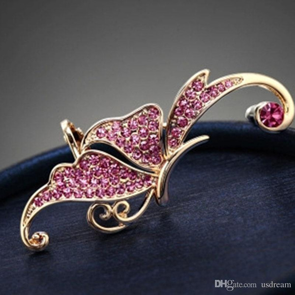 Pink Crytal butterfly earrings elf ear cuff No pierced ear clip cuff statement jewelry for women Gift DROP SHIP 170138