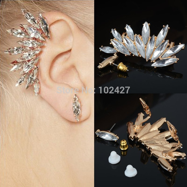 Wholesale-2Pcs/set Elegant Leaf Crystal Gold Ear Cuff Earring Wrap Clip On For Right Ear Rhinestone Women Earrings Fashion Jewelry