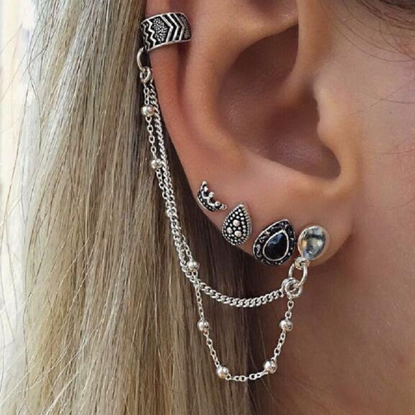 2019 Vintage 5Pair/set Bohemian Retro Alloy Crown And Drop Water Suit Earrings Steampunk Ear Clip Wedding Party E1688