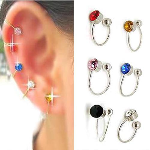 Colorful 12 Pairs Clip On U Body Crystal Earrings Nose Lip Ring Ear Cuff Stud Pin Free Shipping