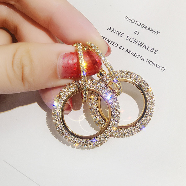 Fashion Korean Style Big Round Drop Earrings Luxury Gold Silver Color Rhinestone Earring Women Party Jewelry Gift