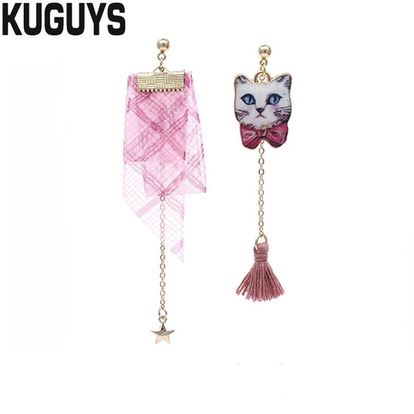 KUGUYS Fashion Jewelry New Cute Pink Lace Long Tassel Earrings for Women Asymmetric Cat Drop Earring Brincos Party Accessories