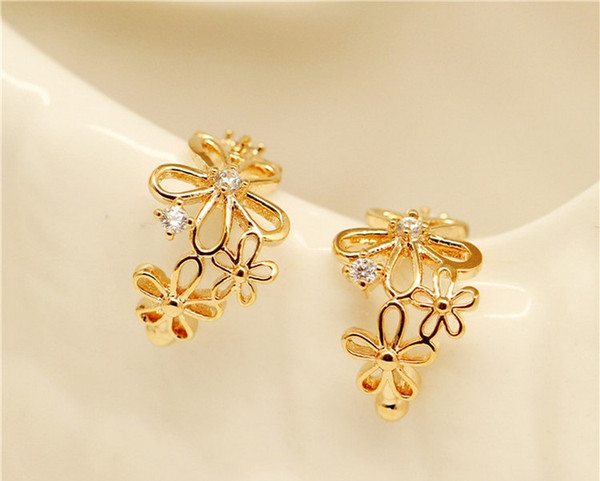 30 pair/lot,Elegant Hollow out Drill ear clip Ear - free ear buckle Women Glittering Earrings Flower modeling Adjustable Not fading Earrings