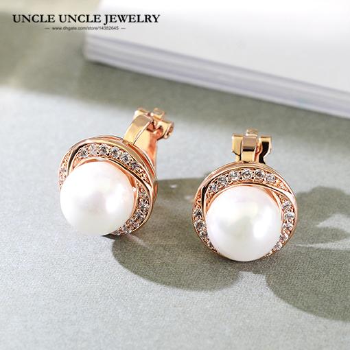 Rose Gold Color Simple Style High Quality White Simulated Pearl Rhinestone Surround Studded Flower-bud Design Women Clip Earring