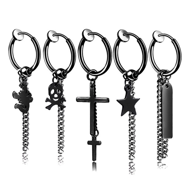 1Pair 2PC Black Titanium Steel No ear hole Mens Women Tassel Earrings Trendy Cross Star Clip Earring Male Female Fashion Jewelry