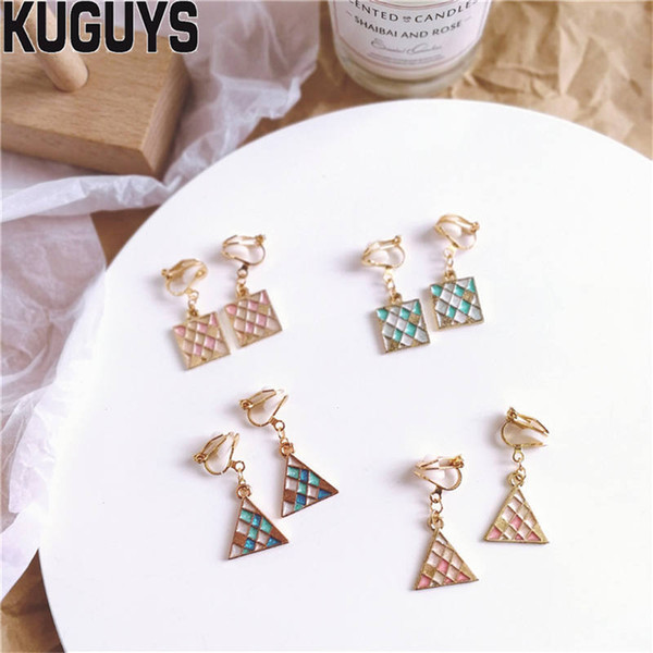 KUGUYS Fashion Jewelry Vintage Grid Triangle Earrings for Women Trendy Exquisite Square Clip Earring Brincos Party Accessories