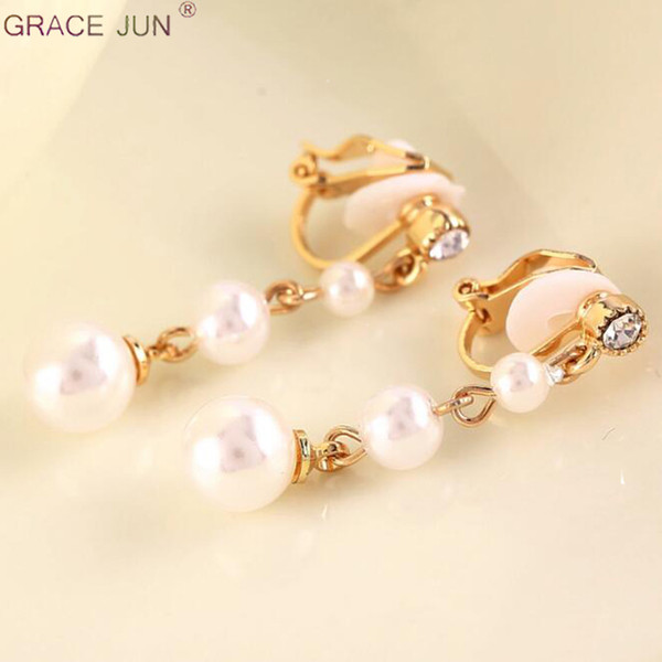 GRACE JUN Hot Sale Rhinestone Simulated Pearl Clip on Earrings No Pierced for Women Luxury Gold Color No Hole Earrings Wholesale