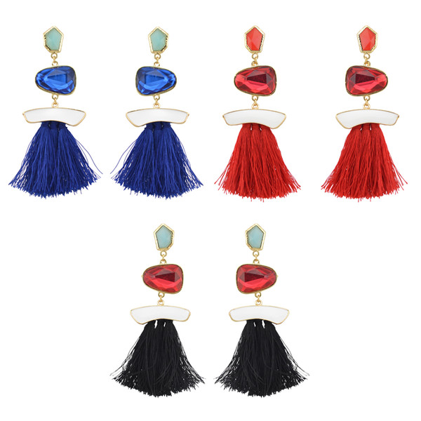 idealway 3 Colors Fashion Luxury Gold Plated Acrylic Gem Enamel Charm Drop Stud Tassel Earrings