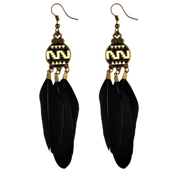 idealway Bohemian Black Feather Tassel Drop Enamel Flower Hook Vintage Bronze Dangle Earrings Chandelier Women Jewelry