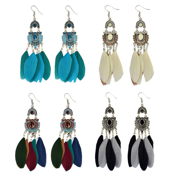 idealway 4 Colors Blue Black White Colorful Bohemian Vintage Silver Alloy Tassel Feather Drop Dangle Earrings