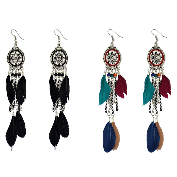 idealway Vintage Retro Boho Ethnic Style Silver Plated Alloy Chain Tassel Dangle Black Colorful Feather Fringe Drop Long Earrings