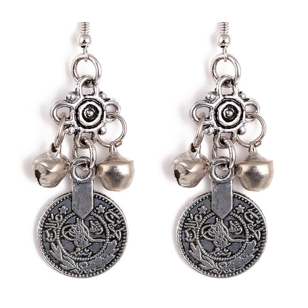 Silver Turkish Bell Coin Earrings floral design Boho Gypsy Beachy Ethnic Tribal Festival Jewelry