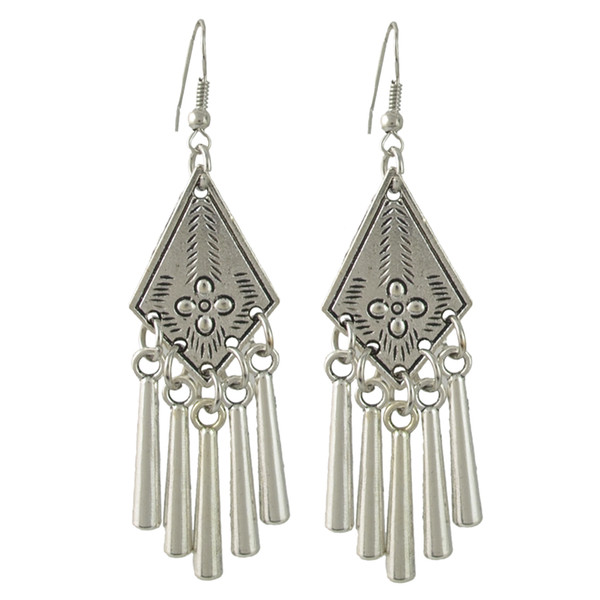 idealway Vintage Style Silver Alloy Carved Flower Geometric Tassel Fish Hoop Earrings