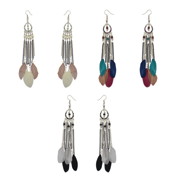 idealway 3 Colors Ethnic Jewelry Bohemian Long Chain Feather Drop Women Beads Statement Earrings