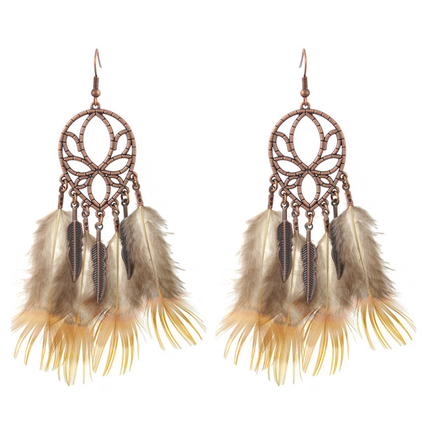 idealway Bohemian Brown Feather Long Drop Earrings for Women Wedding Party Fashion Jewelry