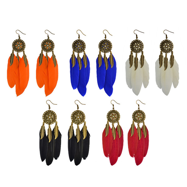 idealway 5 colors Bohemian Vintage Bronze Long Feather Drop Hook Flower Dangle Earrings