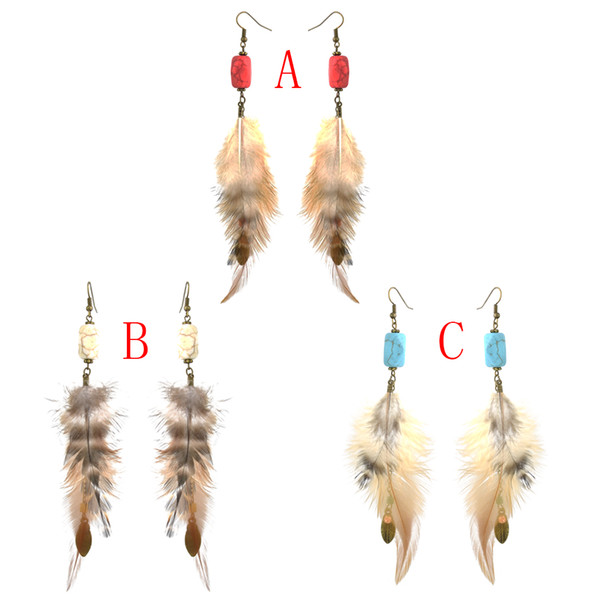 idealway Bohemian Vintage Bronze Alloy Turquoise Feather Long Drop Earrings Accessories