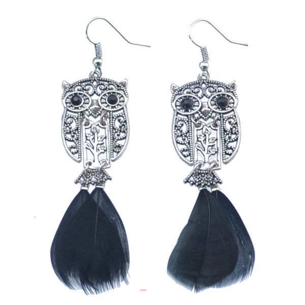 Antique Silver Plated Bohemian Vintage Style Hook Pendant Flower Owl Black Feather Dangle Earrings Women Jewelry