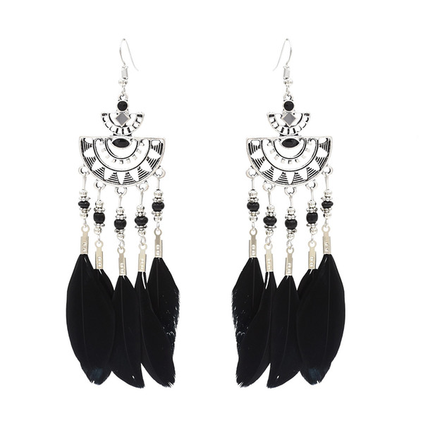 idealway Fashion Bohemian Vintage Silver Tassel Feather Drop Fish Hook Earrings Jewelry