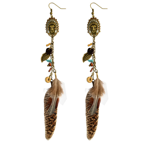 idealway Enamel Indian Bohemian Antique Bronze Natural Turquoise Stone Metal Leaf Feather Tassel Fishhook Earrings