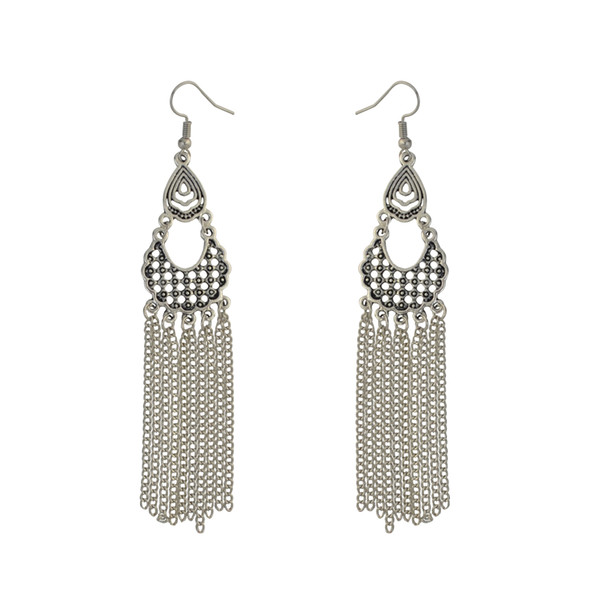 idealway Bohemian Vintage Silver Plated Long Drop Tassels Women Party Hollow Out Flower Earrings