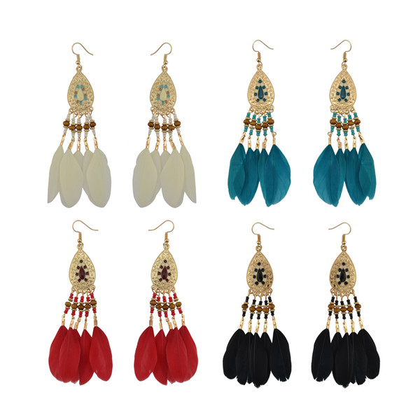 idealway 4 Colors Women Bohemian Gold Color Alloy Long Feather Drop Earrings Ethnic Jewelry