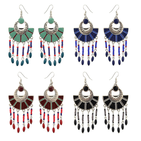 idealway 4 Colors Boho Vintage Silver Alloy Gypsy Enamel Fan Shape Acrylic Beads Dangle Earrings