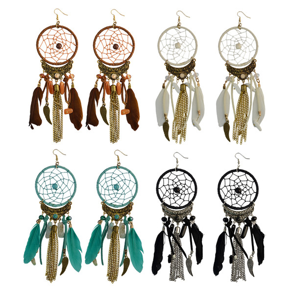 idealway 4 Colors Fashion Feather Leather Resin Beads Dream Catcher Alloy Wings Chain Tassel Dangle Earrings Jewelry Gift