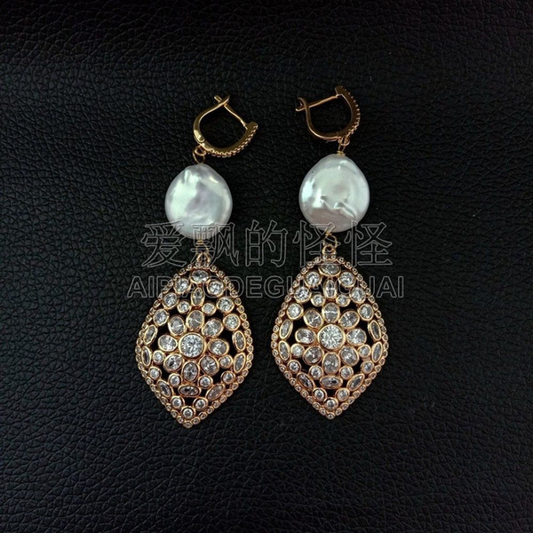 E051618 3.1'' White Coin Pearl Golden Plated CZ Earrings