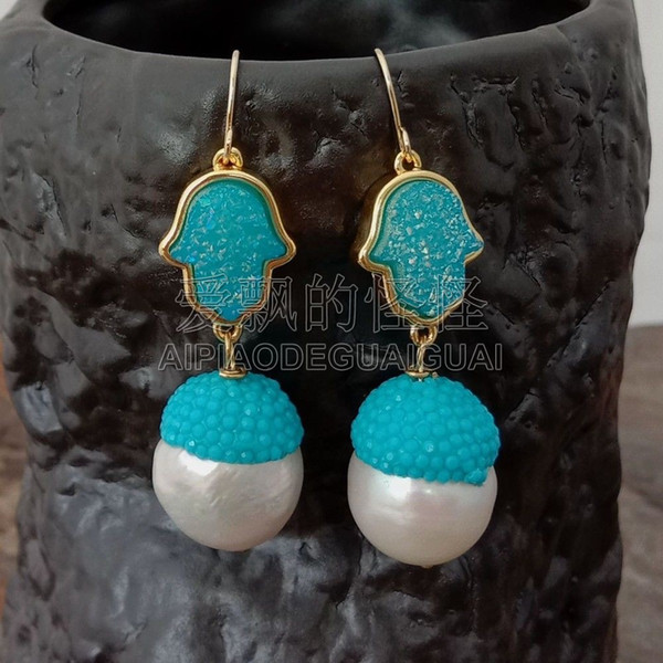 E051619 2'' White Keshi Pearl Blue Agate Druzy Hamsa Hook Earrings