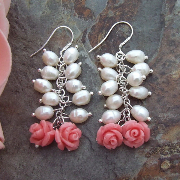 E113213 White Rice Pearl Flower Earrings - 925 Silver Hook