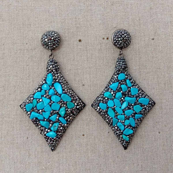 E113218 40x57MM Blue Turquoise Black Crystal Pave Stud Earrings