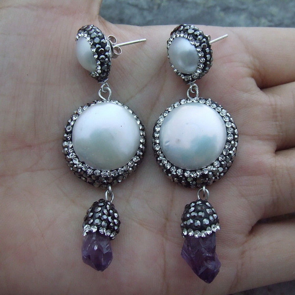 E113219 White Pearl Amethyst Rough Earrings 925 Silver Stud