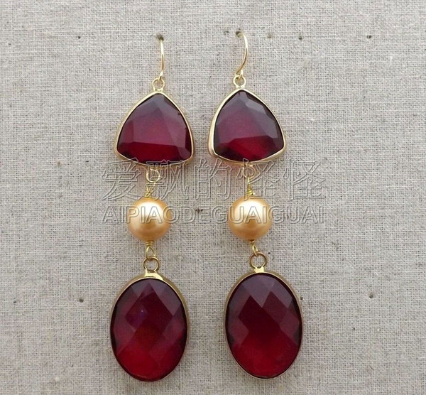 E071714 Champagne Sea Shell Pearl Red Crystal Earrings