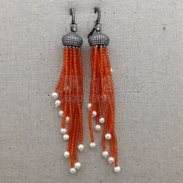 E071613 White Pearl Orange Stone Earrings CZ Leverback