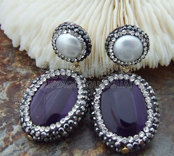 E092113 White Pearl Purple Earrings