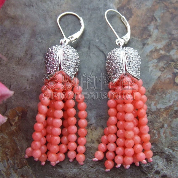 E102315 Pink Round Coral CZ 925 Silver Lever Back Earrings