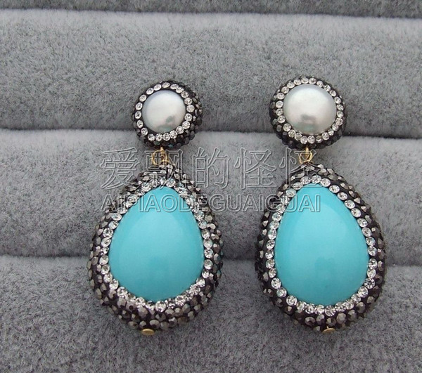 E092213 White Pearl Blue Teardrop Sea Shell Pearl Earrings Silver Stud