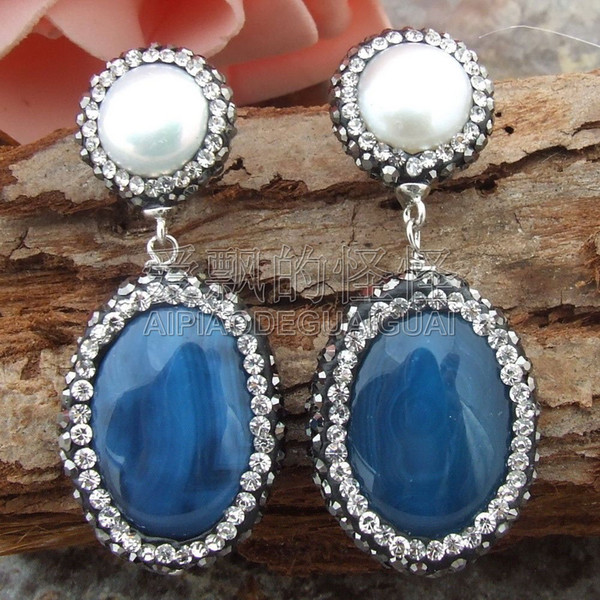 E030813 White Pearl Blue Stone Earrings