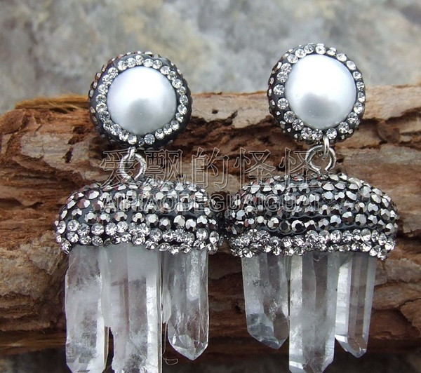 E010815 White Quartz Druzy White Pearl Earrings