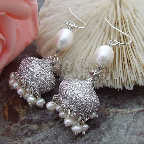 E082515 White Pearl Earrings CZ Fitting