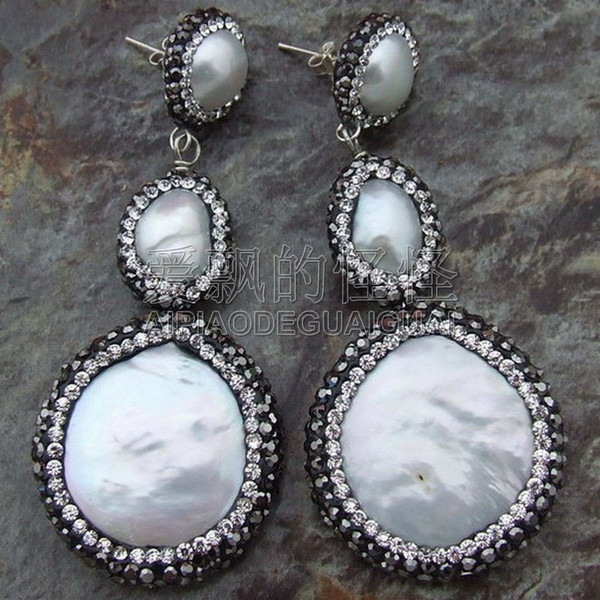 E010613 26MM White Coin Pearl Earrings 925 Silver Stud