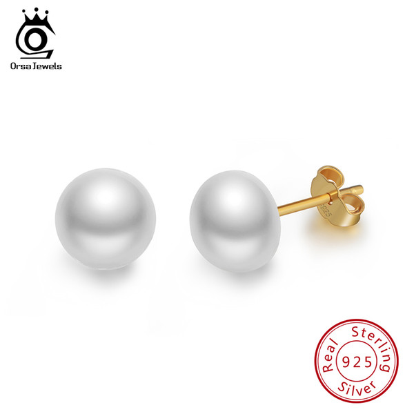 ORSA JEWELS Real 925 Sterling Silver Stud Earrings For Women Genuine Fresh Water Pearl 8 MM Gold-color Female Party Jewelry SE86