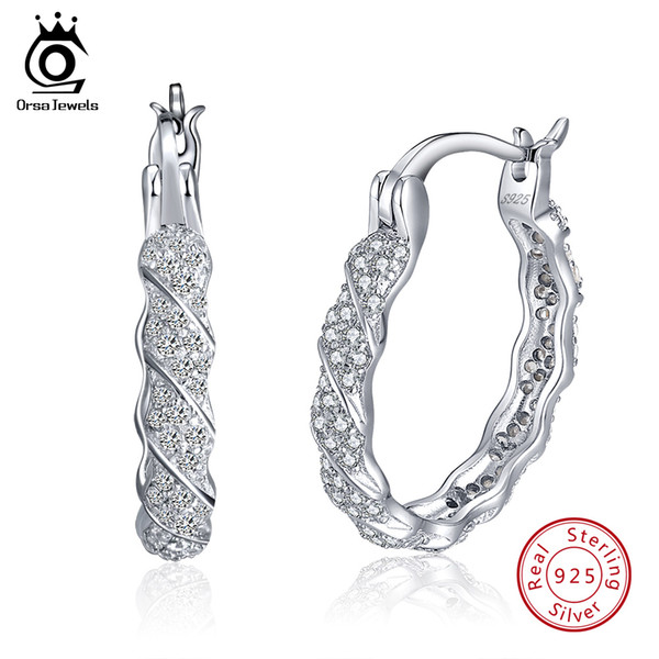 ORSA JEWELS Authentic 925 Sterling Silver Hoop Earrings for Women AAA Cubic Zircon Round Earring 2018 Fashion Jewelry Gift SE81