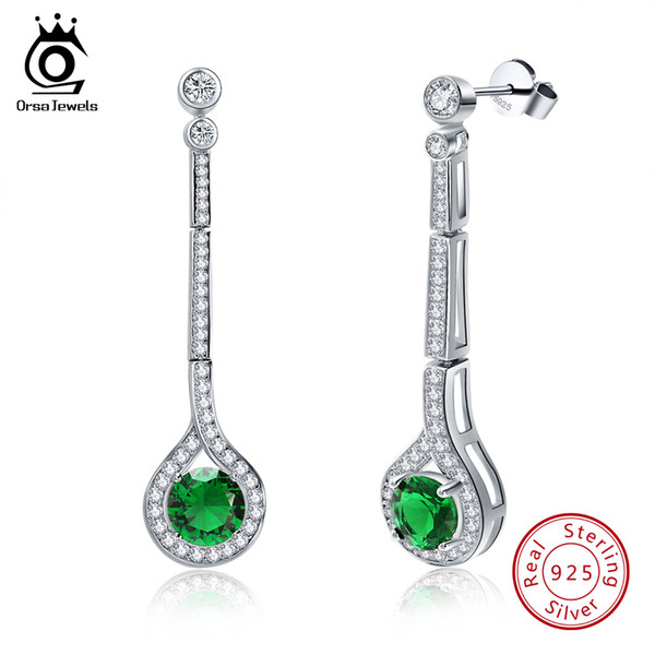 ORSA JEWELS 925 Silver Earrings For Women 100% Solid Sterling Water Drop AAA Green Cubic Zircon Female Jewelry Girl Gifts SE58