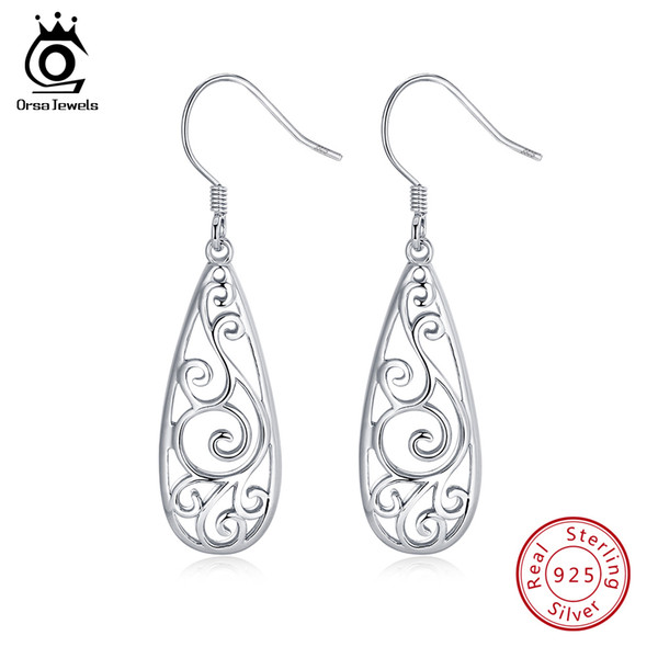 ORSA JEWELS Genuine 925 Sterling Silver Drop Earrings for Women Exquisite Pattern Unique Earring Fashion Female Jewelry SE80