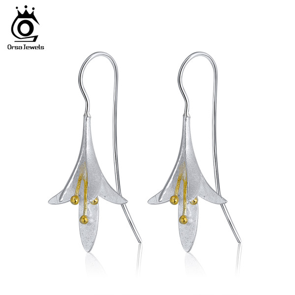 ORSA JEWELS Solid 925 Sterling Silver Women Dangle Earring Flower Pattern Hook Design Pendientes Plata Cute Luxury Jewelry SE88