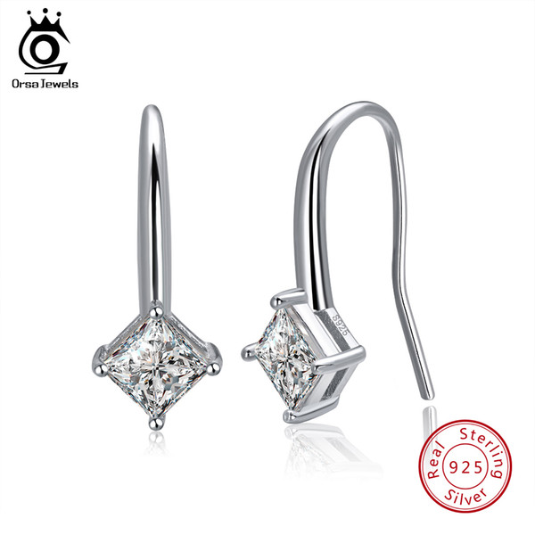 ORSA JEWELS Genuine 925 Sterling Silver Women Drop Earrings Prong Setting Square Cut AAA Zircon Fashion Earring Jewelry SE72