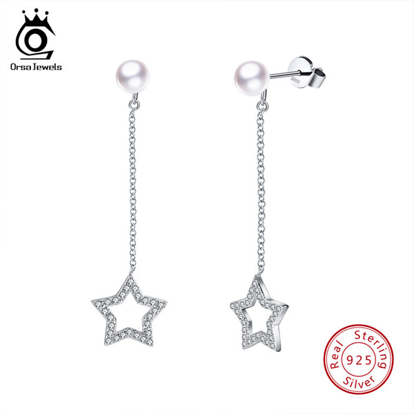 ORSA JEWELS 100% 925 Silver Earrings For Women Imitation Pearls With AAA Shiny Cubic Zircon Star Shape Sterling Jewelry SE64